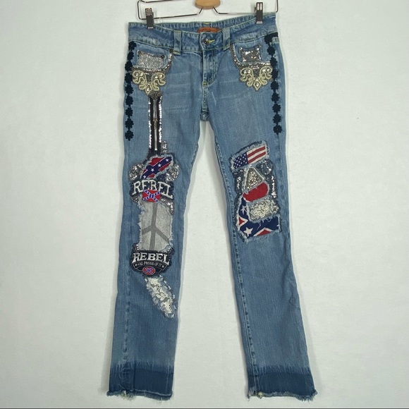 Vigoss Denim - VIGOSS Rebel Bling Jeans 7 30 x 31 Flag American Patriotic Raw Hem Blue Gaudy